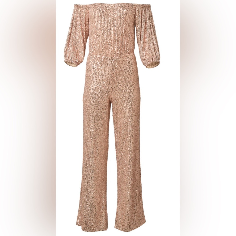 Off-Shoulder Sequin Jumpsuit - Rose Gold